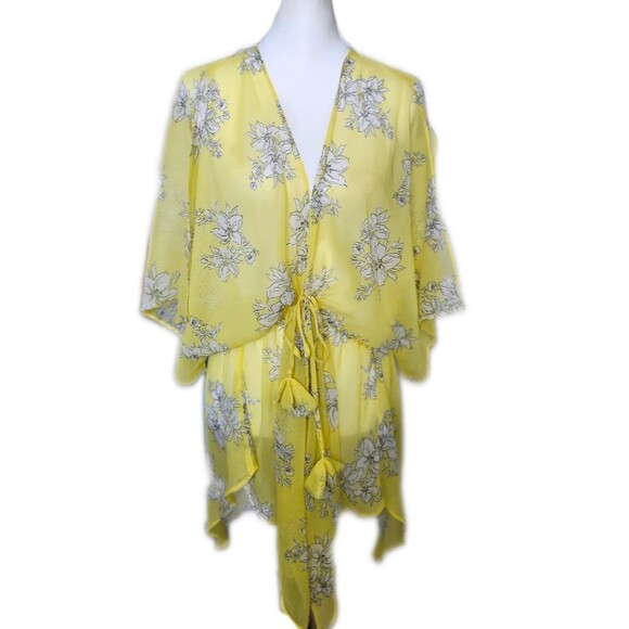 Abercrombie & Fitch Tie Front Yellow Floral Sheer Cover Up Batwing Sleeve, OS - Picture 1 of 7